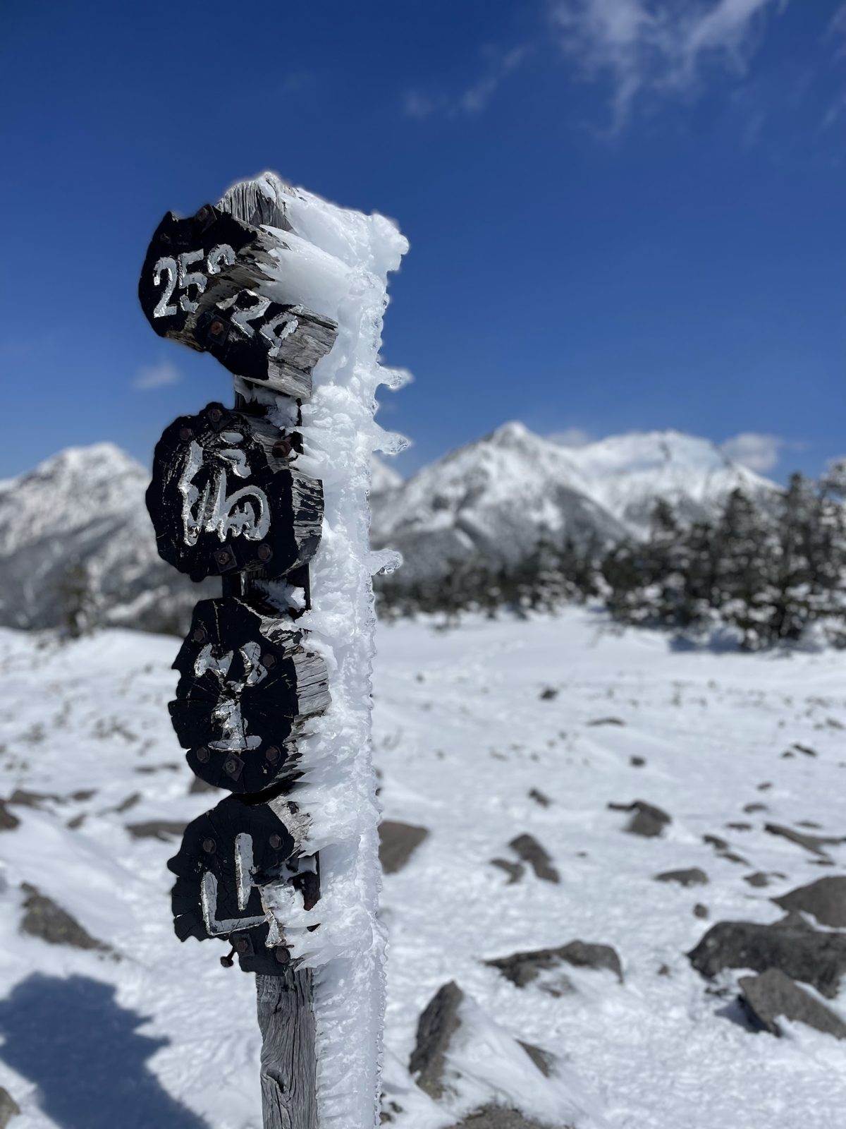 雪と霧氷に覆われた八ヶ岳・編笠山の山頂標識