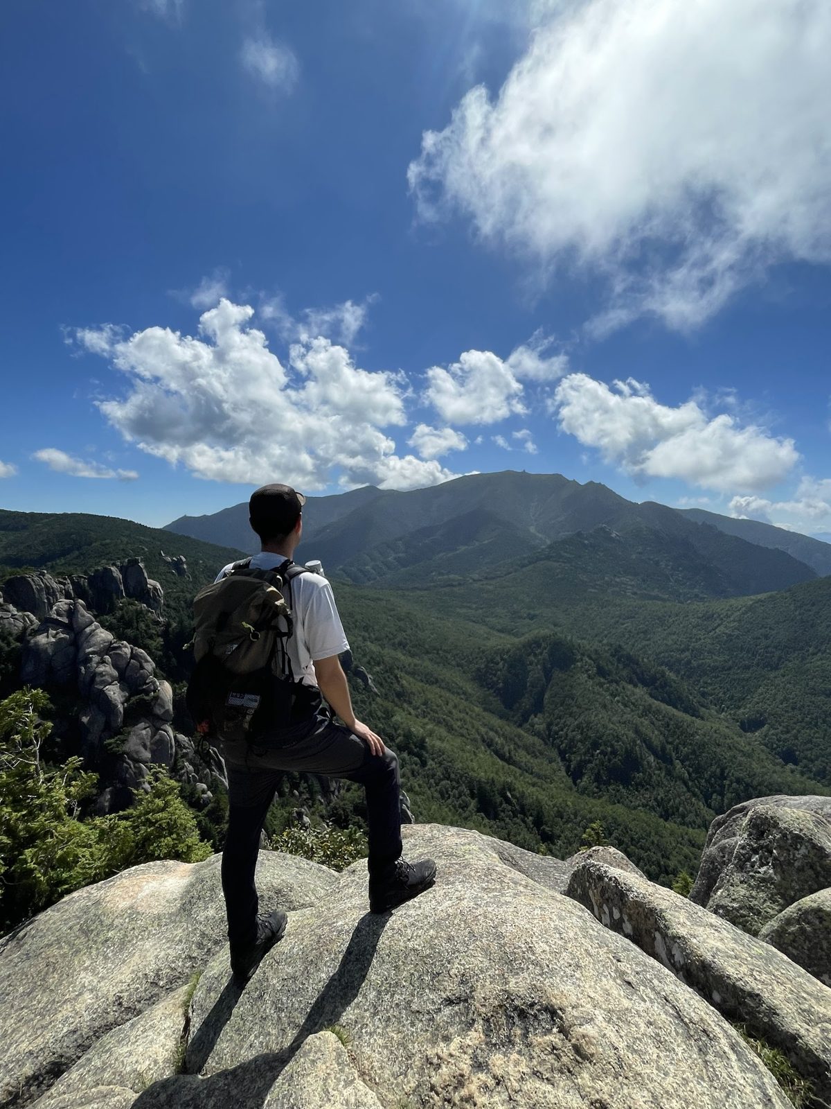夏の瑞牆山の岩の上から、緑の山並みを眺める後ろ姿